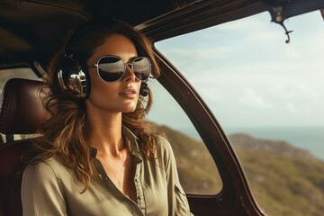 A woman wearing a chic sunglasseshat combo and sporting a fashionable jumpsuit gazing out of a helicopter window at a breathtaking - obrazy, fototapety, plakaty