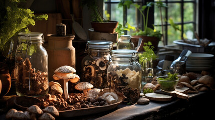 A flash of sparkling clean kitchenware in the foreground and a table overflowing with freshlyharvested truffles in the background - obrazy, fototapety, plakaty