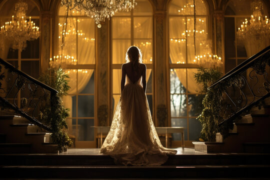 A beautiful woman surrounded by the ling of exquisite chandeliers standing atop the polished marble steps of the ballroom entrance