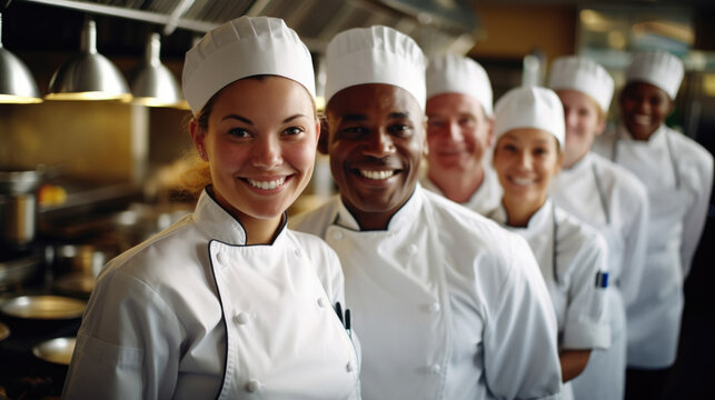 A group of grinning professional chefs standing in line each wearing a crisp white apron facing the camera with a variety of ting