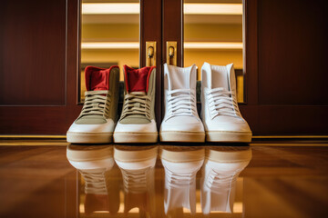 A shot of two pairs of hightop and lowtop sneakers lined up perfectly against the backdrop of a decadent walkin closet with a mirrored