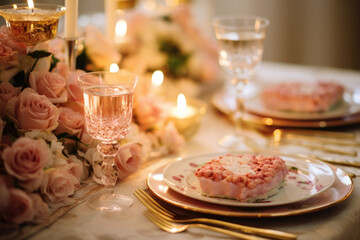A close up of a beautifully plated gourmet dish set on a white tablecloth with candles and fresh flowers creating a luxurious romantic