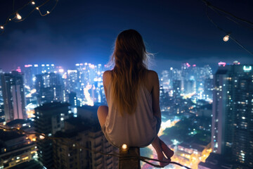 Fototapeta na wymiar A woman sitting on the edge of the rooftop her feet dangling over the edge and her gaze set on the faraway city lights.