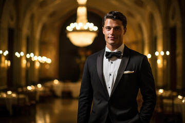 A man in a black tuxedo stands confidently in the dimly lit entrance of the ballroom with his bowtie perfectly tied and the bright - obrazy, fototapety, plakaty