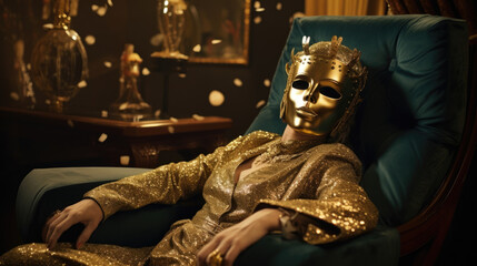 A woman in an opulent decadent spa robe reclining on an velvet chaise lounge in a dimly lit room with gold tone decor with a face