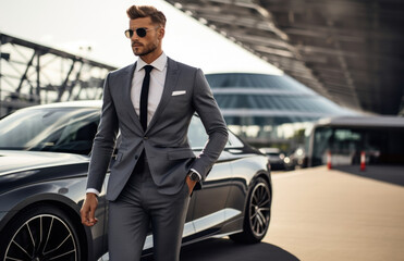 A portrait of a man in a designer suit stepping out of a luxury car after taking a successful test drive on a professional race track. - obrazy, fototapety, plakaty