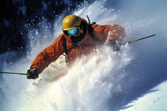A closeup of a man skiing down a steep and winding chute a barrage of powder flying up behind him in a flurry of snow.