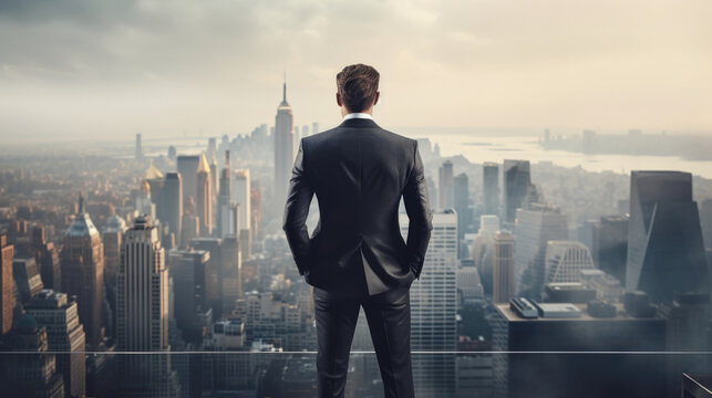 A man in a tailored suit standing near the edge of the rooftop looking out into the city.