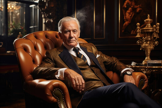2. An image of an older gentleman in a suit smoking a cigar while relaxing in a private sitting area surrounded by polished wood furniture