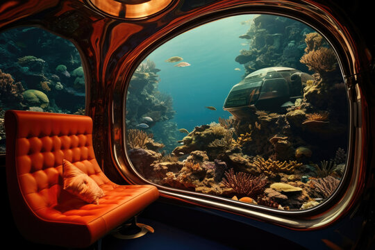 An interior shot of a luxury submarine where a person is reclining on a plush seat looking out of the window at the vibrant coral