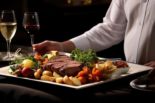 A private chef presenting a luxurious platter of freshlycooked steak and potatoes to a delighted couple.
