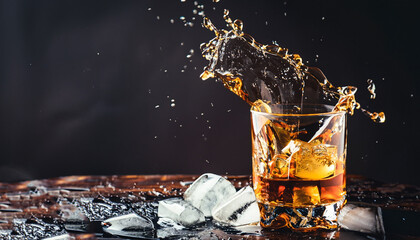 Whiskey with ice, splashes out of glass, dark background, toned image, selective focus