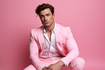 Handsome male model in pink suit. Minimal male fashion portrait. AI generative, illustration