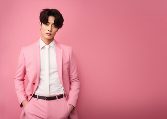 Handsome asian male model in pink suit. Minimal male fashion portrait with copy space. AI generative, illustration