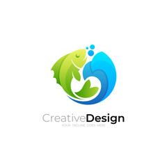 Fish logo and wave design combination, circle logos