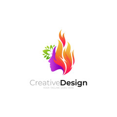 beautiful woman logo and burning fire icon, 3d style