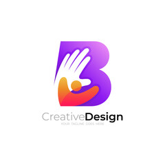 Letter B logo with hand care design template, people care