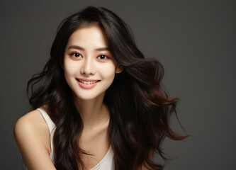 Naklejka premium Young and beautiful asian model with long hair. Asian model for commercial use for women product.