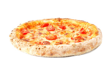 Tasty pizza Margarita with tomatoes on white background