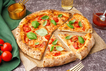 Baking paper with tasty pizza Margarita and basil on dark table