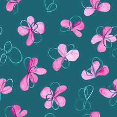 Pink and blue flowers and petals watercolor painting - seamless pattern with blossom on navy blue color