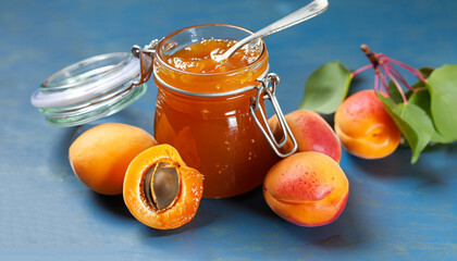 Apricot jam or confiture in glass jar with spoon, fresh fruit on blue table background
