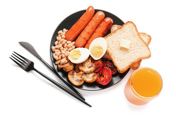 Plate with tasty English breakfast and glass of juice on white background