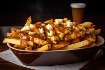 Delicious Poutine: Crispy fries topped with fresh cheese curds, savory gravy served in a vintage red basket for an indulgent Canadian comfort food experience.
