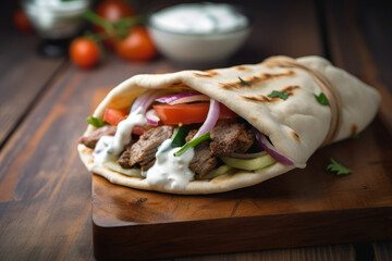 Greek gyro sandwich with juicy, seasoned meat, fresh vegetables, and creamy tzatziki sauce wrapped in warm pita bread - a delicious and flavorful Mediterranean cuisine, perfect for a healthy