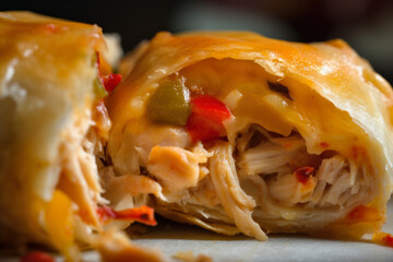 A delicious Tex-Mex chimichanga with tender chicken, sautéed onions and peppers, topped with cheddar cheese and chipotle sauce, captured in a mouthwatering macro shot.