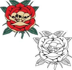 Red rose with three skull illustration.Print for streetwear,t-shirts and hoodies