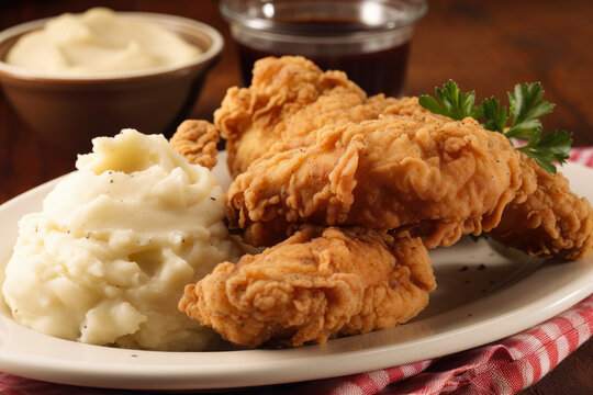 Southern-style fried chicken tenders with a side of creamy gravy and mashed potatoes, close-up on a vintage tablecloth.