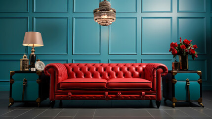 Obraz premium Retro Glamour - Classic Modern Red Couch Creating Timeless Elegance Against a Blue Wall