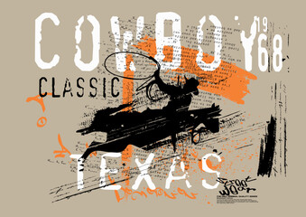 typography street art graffiti with spray splash effect, grunge art cowboy rodeo, rodeo, cowboy, urban Graffiti street art style slogan for t shirt or sweatshirt