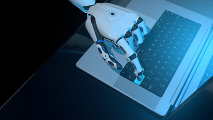 Fototapeta premium White human shaped robot hand pressing a key of an aluminum laptop with blue screen on reflective blue desk. 3D Illustration