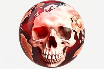 A red blood color globe with a human skull inside. Concept, warning. The extinction of mankind, self-destruction, wars, ecological catastrophe, divine punishment. Isolated on white background.