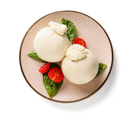 Plate of tasty Burrata cheese with basil and tomatoes on white background