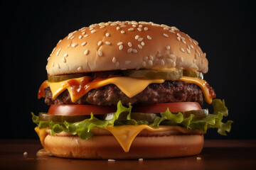 A big fast food burger on a clean background. The burger looks very unhealthy.