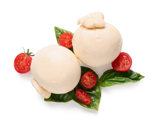 Tasty Burrata cheese with basil and tomatoes on white background