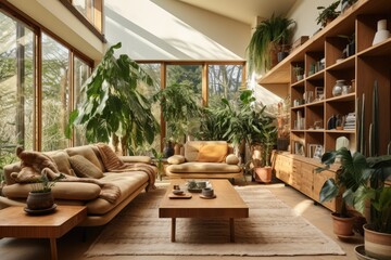 Fototapeta premium The living room interior is chic and visually appealing with a cozy wooden sofa, while also being adorned with lovely houseplants.