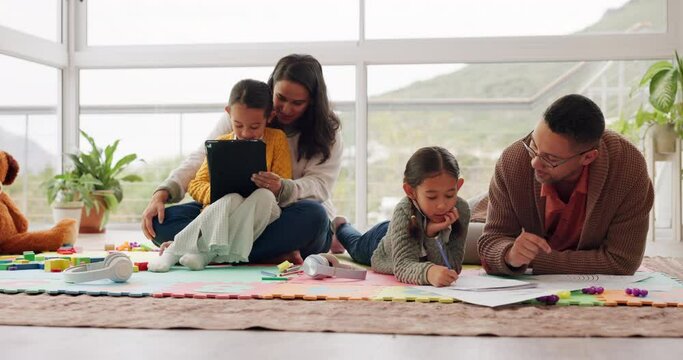 Family, Homework With Kid For Learning On Floor With Tablet For Development Or Creative In Home. Teaching, Parents And Children With School Work To Write For Growth With Tech For Skill With Reading.