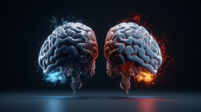 left and right brain functions, 3d render, futuristic with clean and dark blue background