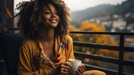 A woman enjoying a cup of tea or coffee on her balcony overlooking the autumn city on a rainy day. She looks very content, comfortable and relaxed. Generative AI. 