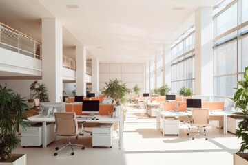 Bright and clean office environment, abstract background. bright office with green plants and large...