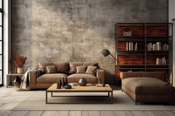 The living room interior is designed in a stylish manner, featuring a gray sofa, a wooden coffee table, a brown armchair, and elegant personal accessories. The overall design exudes a loft and