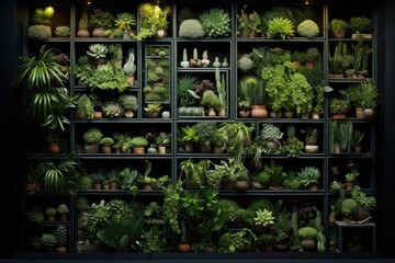 The contemporary arrangement of a home garden features an abundance of stunning plants, including cacti, succulents, and air plants, all showcased in various intricately designed pots. The overall