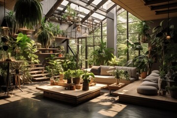 Fototapeta premium A fashionable arrangement of indoor gardens in the home, boasting numerous stunning plants such as cacti, succulents, and air plants, all placed in various uniquely designed pots. This concept