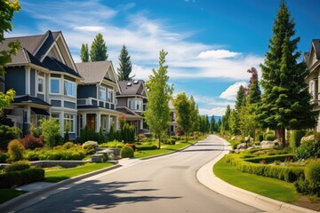 Fototapeta na wymiar An ideal community. Suburban homes during the summer in North America. Upscale residences accompanied by beautiful landscaping.