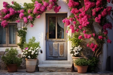 An image focusing on the front door of a house, featuring small square decorative windows and planters with blooming flowers nearby.