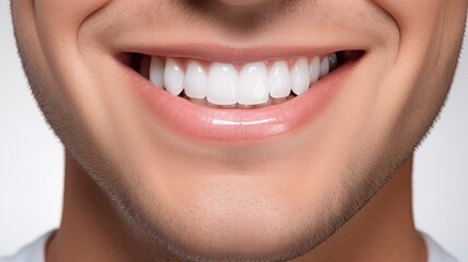
A close up photo of the lower part of a male face. handsome cute smile with very clean perfect teeth. chin, nose and mouth visible. dental service advertisement. white background,